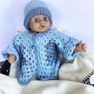 Baby Sweater Beanie Hat Set Hand Crafted Blue Kimono